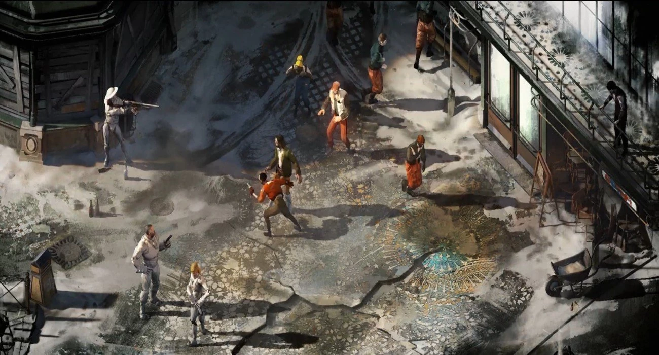 the military tribunal from disco elysium. the main character, in a tweed, green jacket, and orange bellbottoms, stands in the center, his partner, Kim Kitsuragi, bends around him, wearing an orange bomber jacket with a grey horizontal rectangle near the base of his neck. His left arm is  outstretched, his single-shot Kiejl A9 Armistice 9mm pistol in hand. A crowd of people stand behind and to the right of them, close to the Whirling in Rags, a hostel with many windows, even further behind the main character. Some of the crowd are running, some stand still, in defiance or in fear. Garte, the interim manager of the Whirling, stands on its balcony, overlooking the scene, afraid and a little resigned. A trio of soldiers, wearing bright white ceramic armor, like something from a 1960s science fiction movie that was reworked somewhat in the mid-1970s, pose with their firearms. One prepares to kill one of the crowd, the old man Theo, a member of the local union militia, who will die no matter what. The man about to kill Theo is named Ruud, who will soon also be shot dead by Kim, a desperate shot through Ruud's helmet's face grating. Ruud's partners in death are Phillis and Raul, both of them yet to react to any of the signs in this halcyon moment pointing to the inevitable, incoming violence.