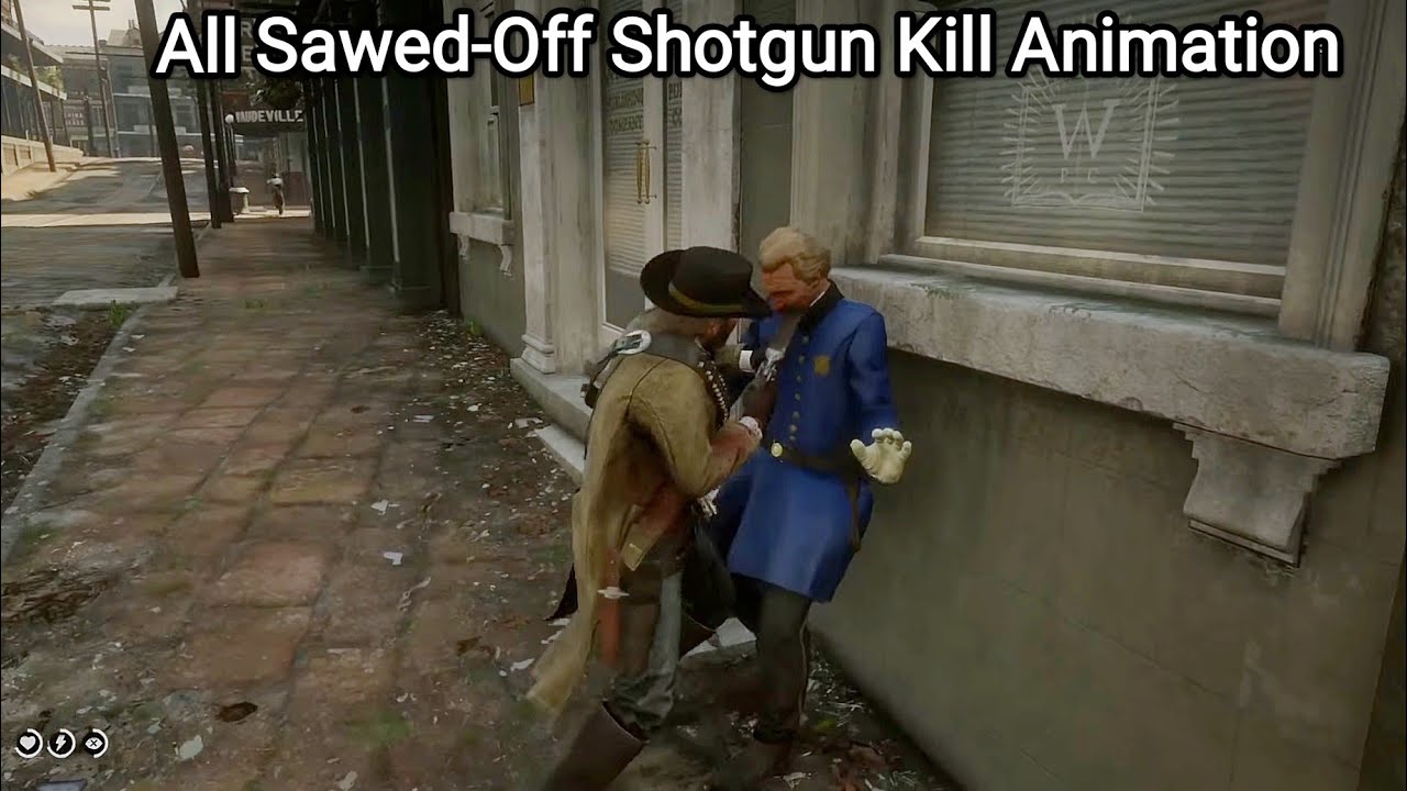 another image of the grizzled cowboy, this time shoving a sawn off double-barrel shotgun into a cop's mouth (somewhat more morally correct). over the top, it says All Sawed-Off Shotgun Kill Animation.