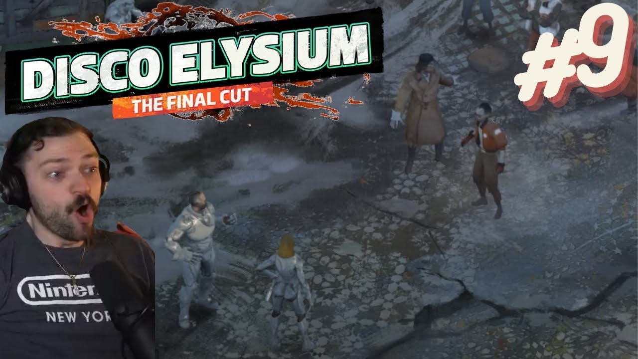 a youtube thumbnail. over the image of the military tribunal, a generic whiteboy youtuber is making an OMG face. in the top left corner is the disco elysium logo, saying DISCO ELYSIUM: THE FINAL CUT, with an orange splash behind it